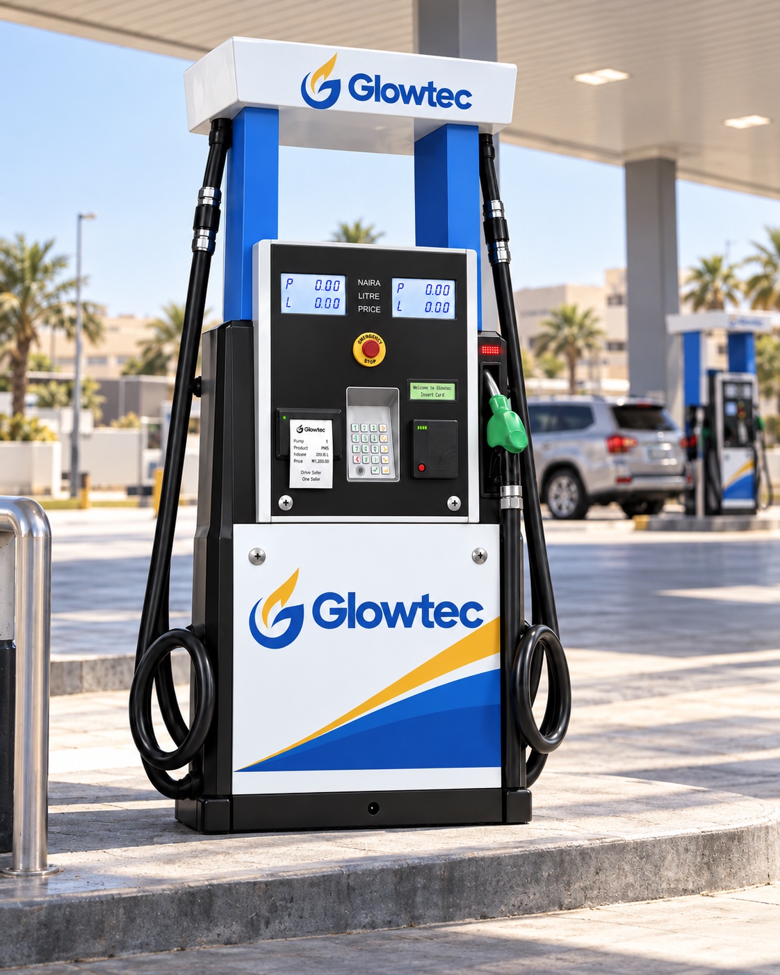 Glowtec X1 fuel dispenser with a keypad, card reader and green nozzle on a station forecourt
