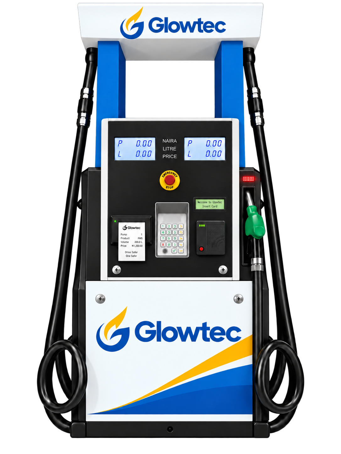 Glowtec X1 fuel dispenser with keypad, card reader and green nozzle